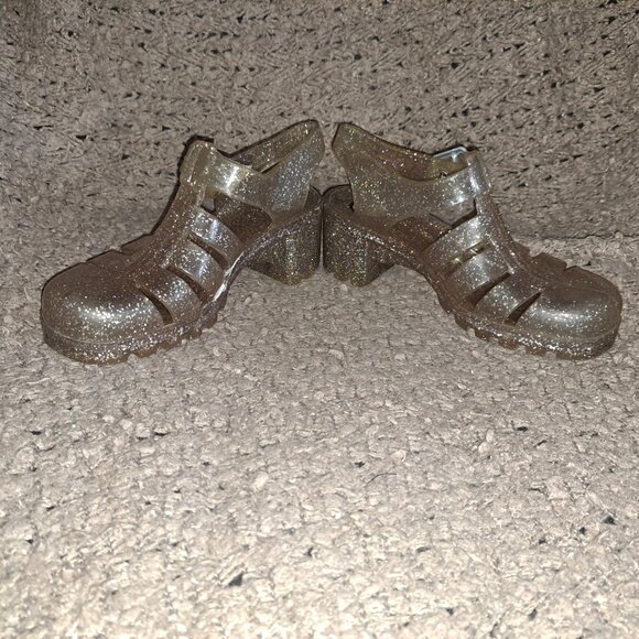 JUJU BABE-Heeled Jelly Sandals-Gold Glitter-UK 5-US 7-Near Mint - Picture 4 of 8